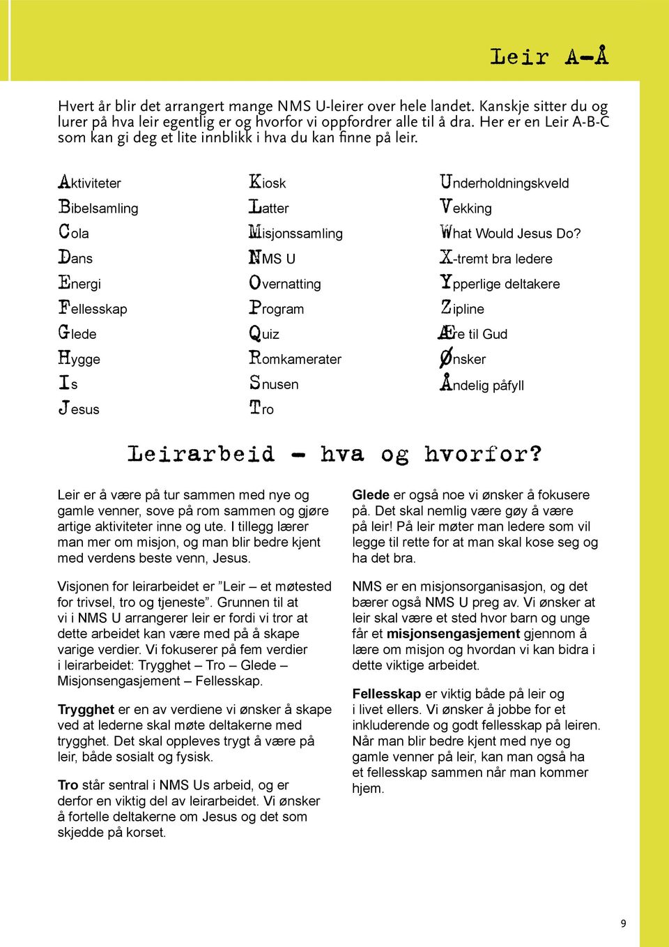 Aktiviteter Bibelsamling Cola Dans Energi Fellesskap Glede Hygge Is Jesus Kiosk Latter Misjonssamling NMS U Overnatting Program Quiz Romkamerater Snusen Tro Underholdningskveld Vekking What Would