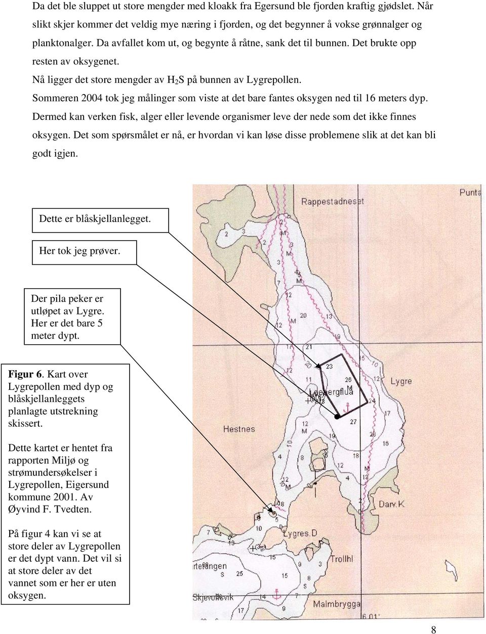 Sommeren 2004 tok jeg målinger som viste at det bare fantes oksygen ned til 16 meters dyp. Dermed kan verken fisk, alger eller levende organismer leve der nede som det ikke finnes oksygen.