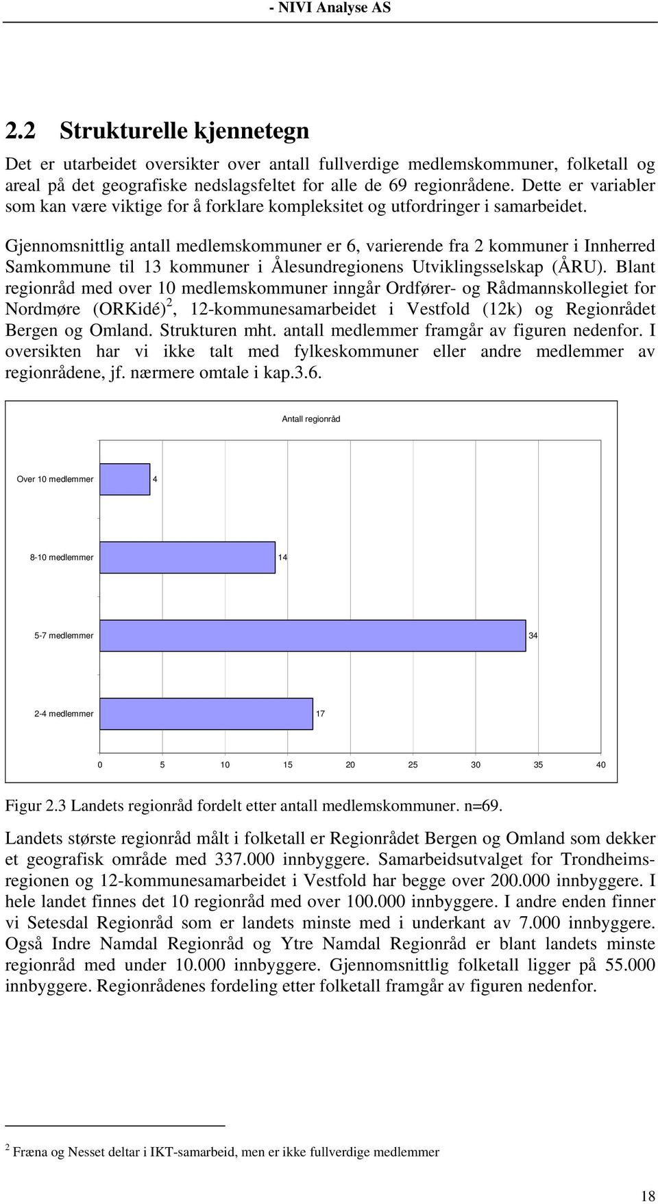 Gjennomsnittlig antall medlemskommuner er 6, varierende fra 2 kommuner i Innherred Samkommune til 13 kommuner i Ålesundregionens Utviklingsselskap (ÅRU).