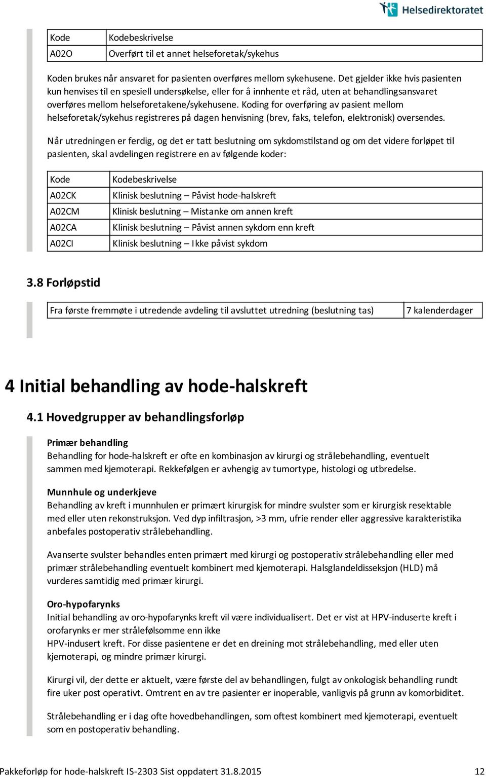 Koding for overføring av pasient mellom helseforetak/sykehus registreres på dagen henvisning (brev, faks, telefon, elektronisk) oversendes.