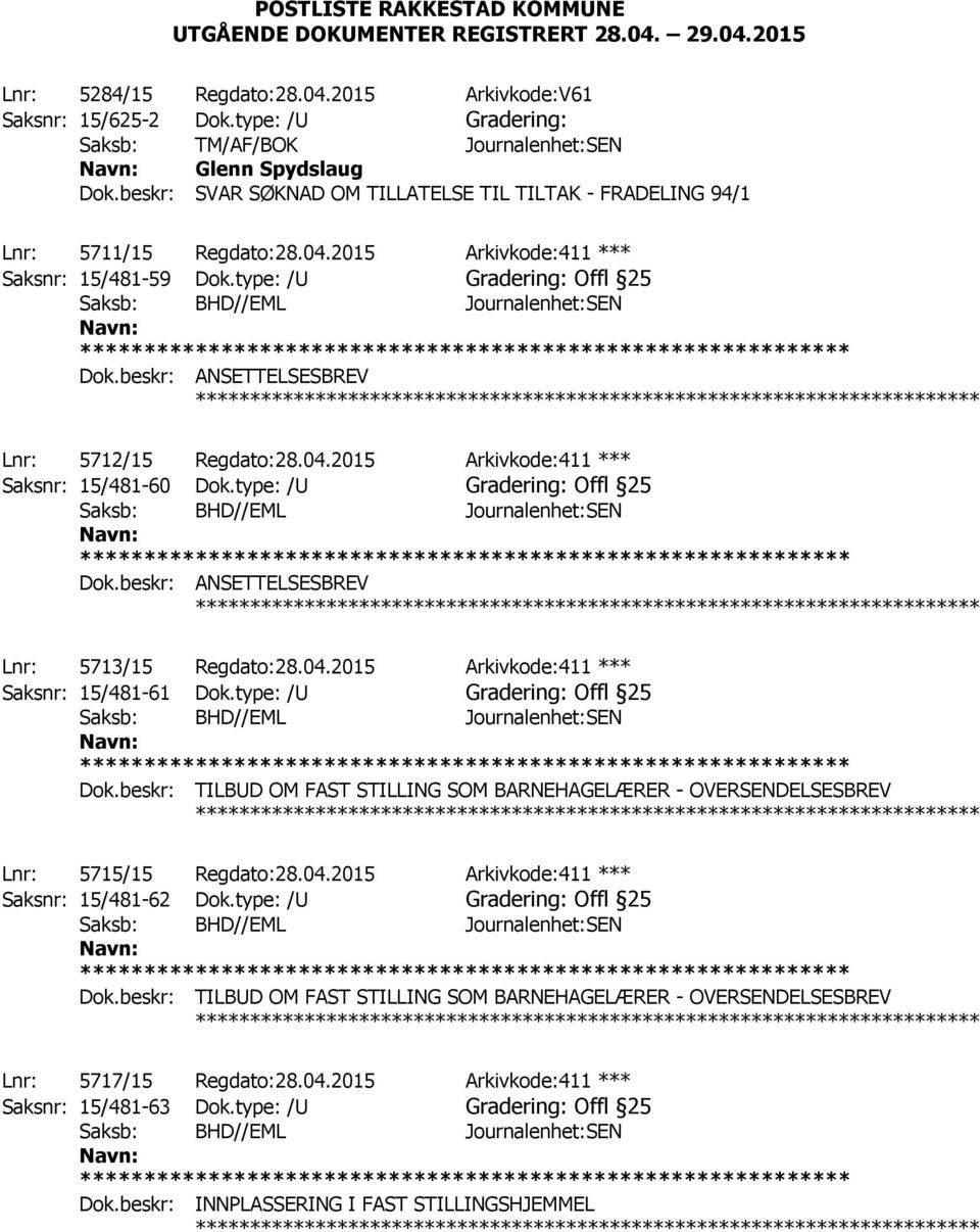 2015 Arkivkode:411 *** Saksnr: 15/481-59 Dok.type: /U Gradering: Offl 25 ************ Lnr: 5712/15 Regdato:28.04.2015 Arkivkode:411 *** Saksnr: 15/481-60 Dok.