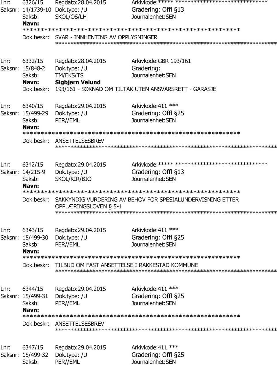 beskr: 193/161 - SØKNAD OM TILTAK UTEN ANSVARSRETT - GARASJE ************ Lnr: 6340/15 Regdato:29.04.2015 Arkivkode:411 *** Saksnr: 15/499-29 Dok.