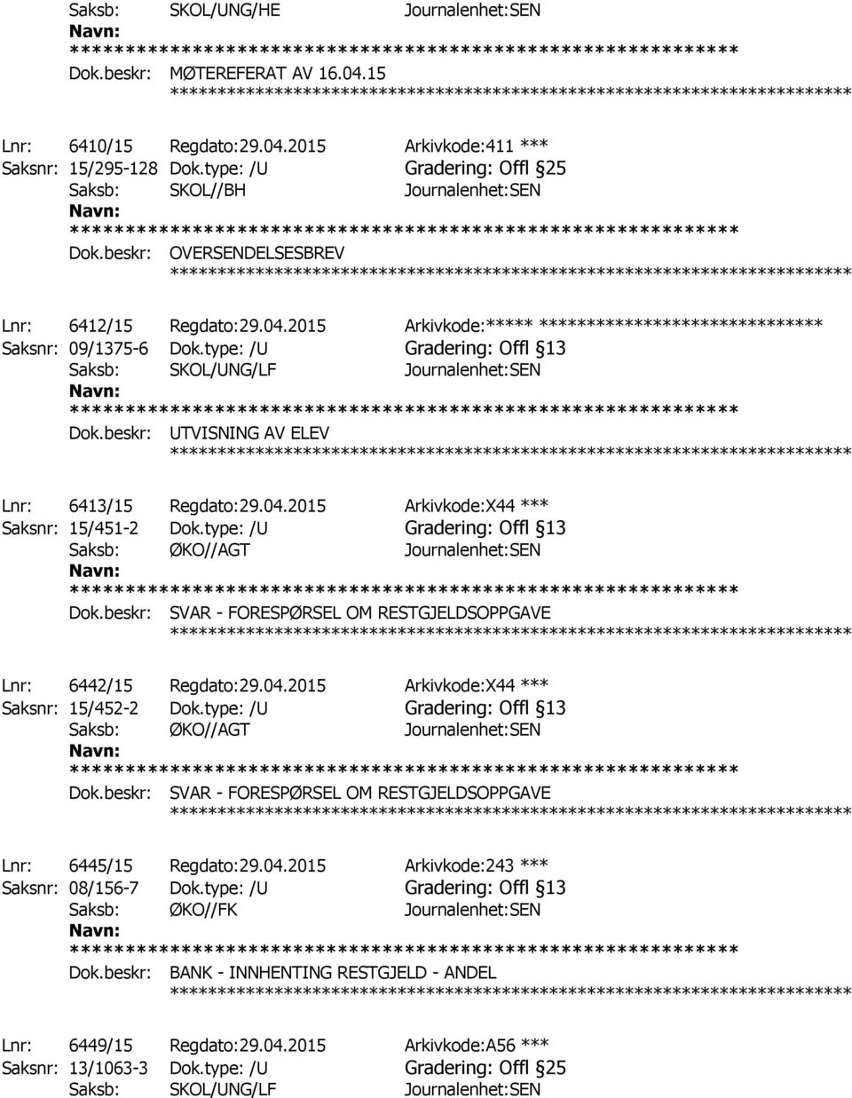 2015 Arkivkode:***** ****************************** Saksnr: 09/1375-6 Dok.type: /U Gradering: Offl 13 Saksb: SKOL/UNG/LF Journalenhet:SEN Dok.