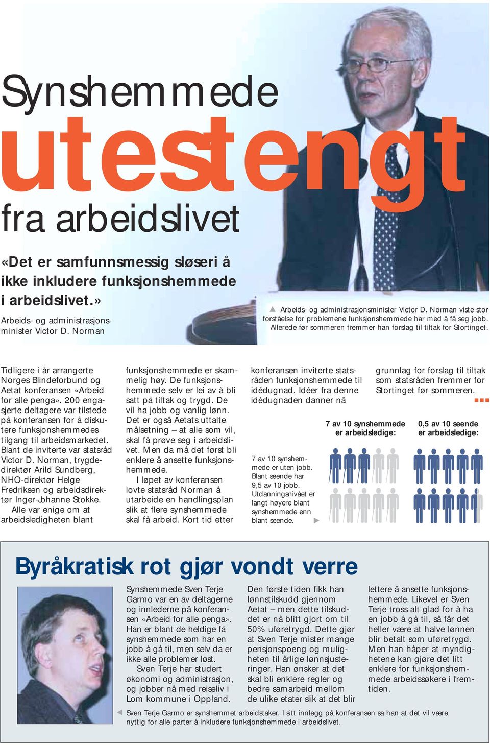 Allerede før sommeren fremmer han forslag til tiltak for Stortinget. Tidligere i år arrangerte Norges Blindeforbund og Aetat konferansen «Arbeid for alle penga».