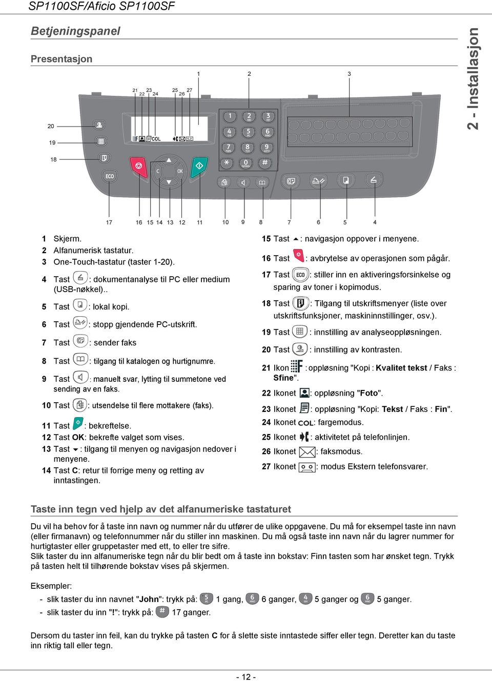 9 Tast : manuelt svar, lytting til summetone ved sending av en faks. 10 Tast : utsendelse til flere mottakere (faks). 11 Tast : bekreftelse. 12 Tast OK: bekrefte valget som vises.