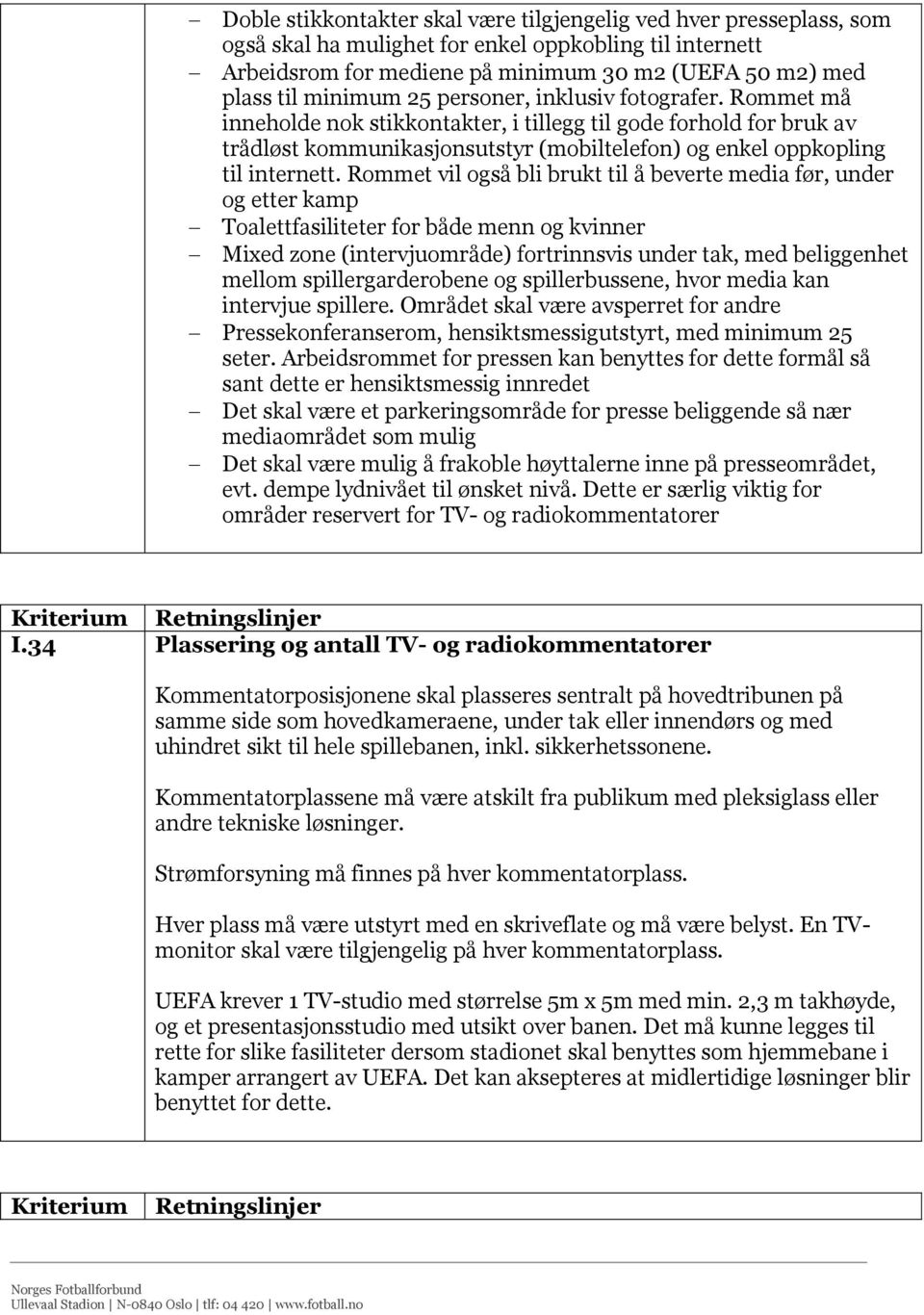 Rommet vil også bli brukt til å beverte media før, under og etter kamp Toalettfasiliteter for både menn og kvinner Mixed zone (intervjuområde) fortrinnsvis under tak, med beliggenhet mellom