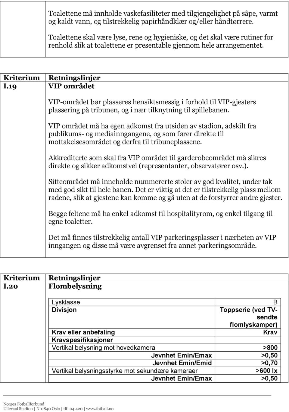 19 VIP området VIP-området bør plasseres hensiktsmessig i forhold til VIP-gjesters plassering på tribunen, og i nær tilknytning til spillebanen.