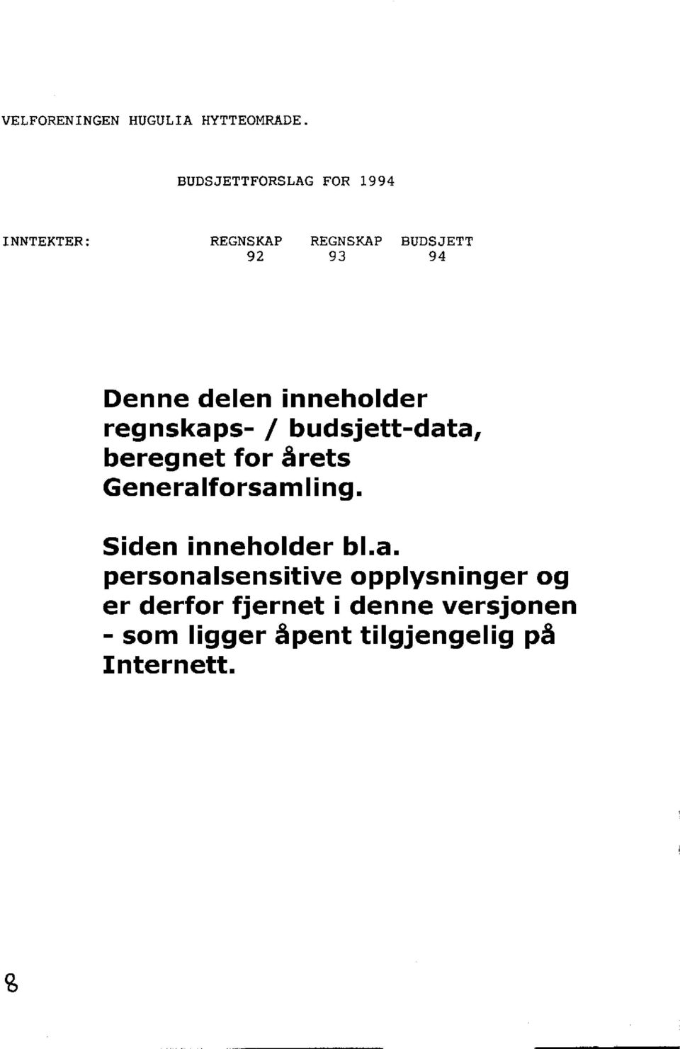 inneholder regnskaps- / budsjett-data, beregnet for årets Generalforsamling.