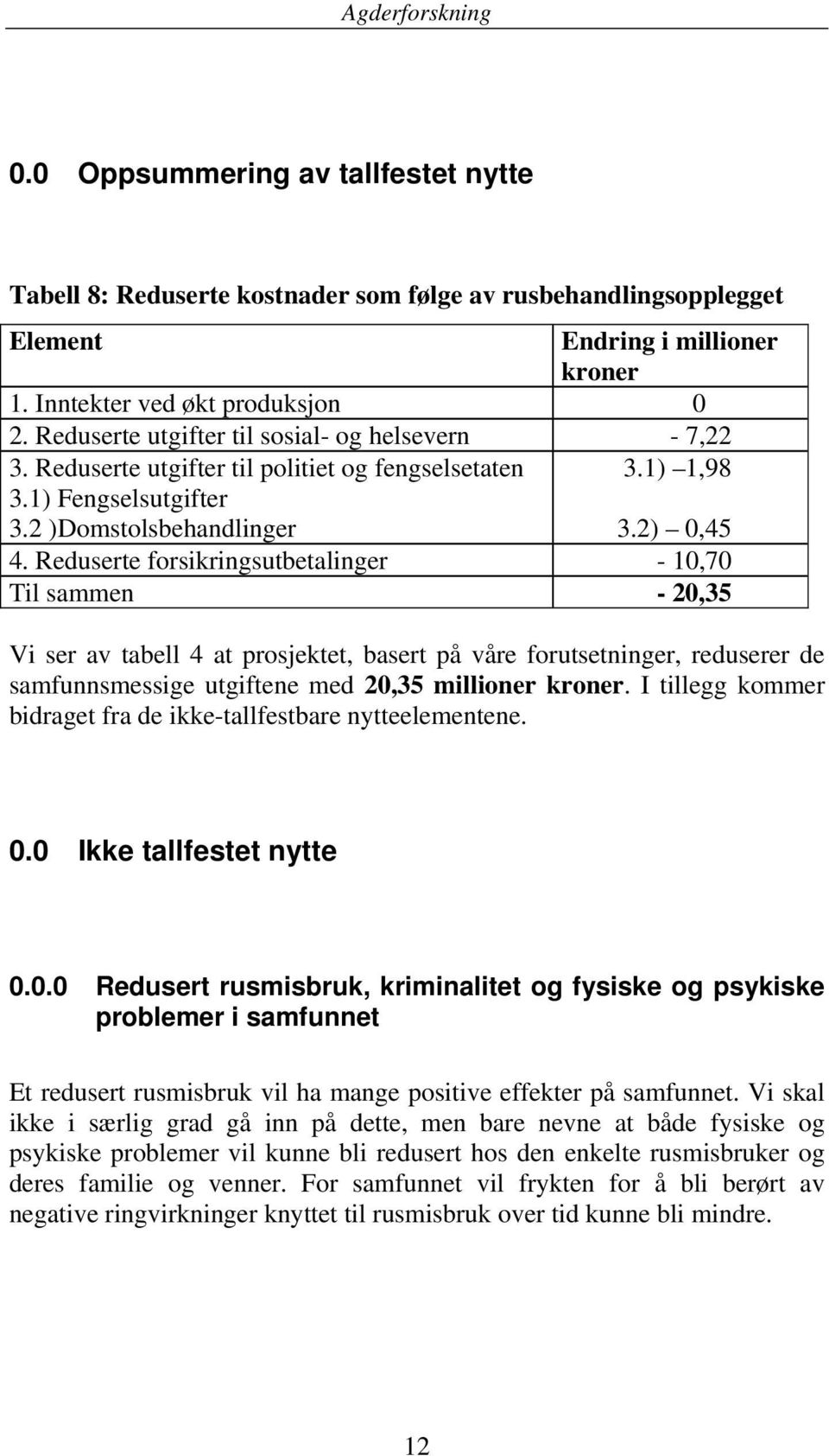 Reduserte forsikringsutbetalinger - 10,70 Til sammen - 20,35 Vi ser av tabell 4 at prosjektet, basert på våre forutsetninger, reduserer de samfunnsmessige utgiftene med 20,35 millioner kroner.