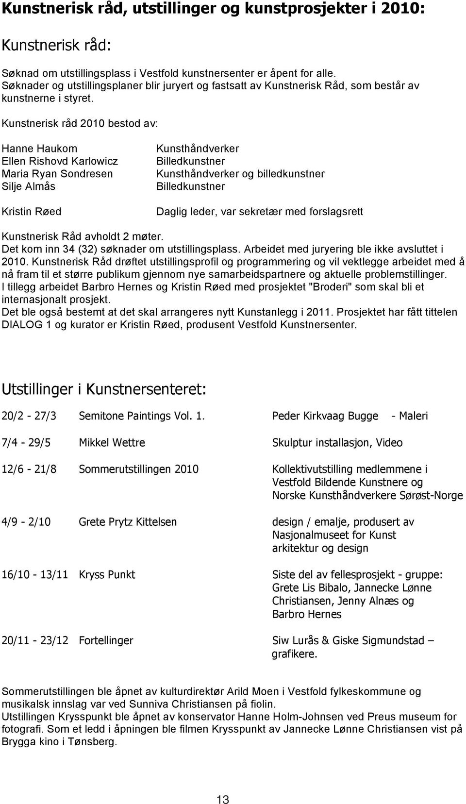 Kunstnerisk råd 2010 bestod av: Hanne Haukom Ellen Rishovd Karlowicz Maria Ryan Sondresen Silje Almås Kristin Røed Kunsthåndverker Billedkunstner Kunsthåndverker og billedkunstner Billedkunstner