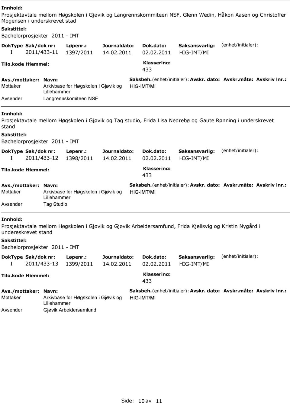 underskrevet stand Bachelorprosjekter 2011 - MT 2011/-12 1398/2011 HG-MT/M Mottaker HG-MT/M Tag tudio nnhold: Prosjektavtale mellom Høgskolen i Gjøvik og Gjøvik