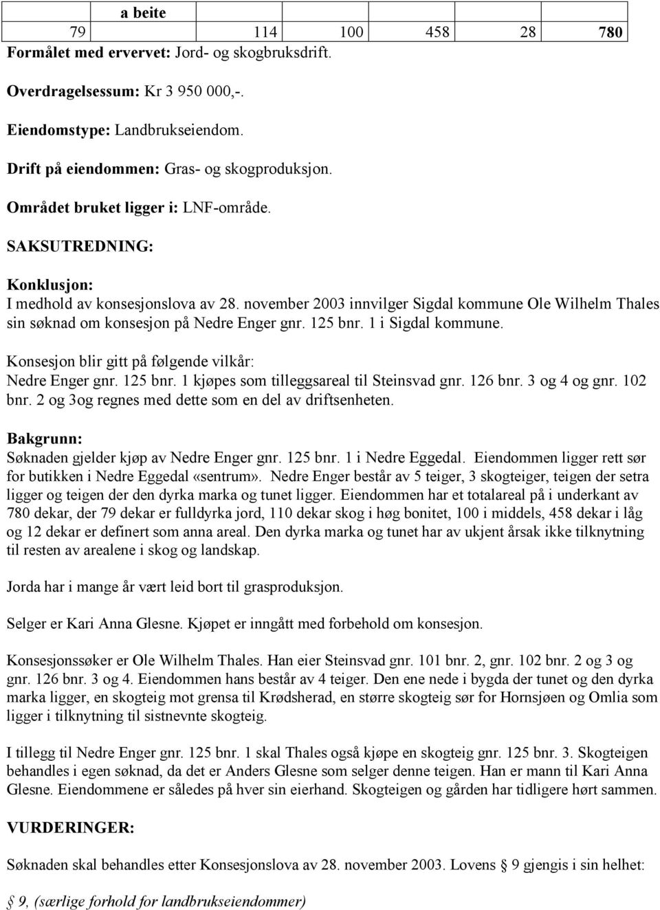 125 bnr. 1 i Sigdal kommune. Konsesjon blir gitt på følgende vilkår: Nedre Enger gnr. 125 bnr. 1 kjøpes som tilleggsareal til Steinsvad gnr. 126 bnr. 3 og 4 og gnr. 102 bnr.