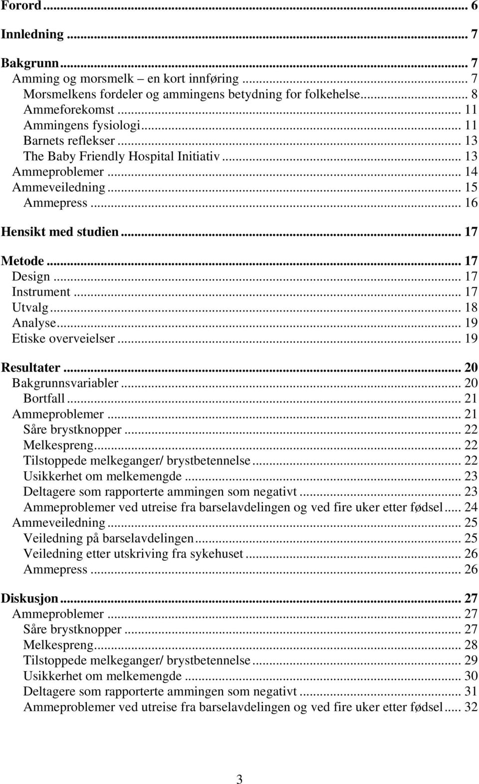 .. 17 Utvalg... 18 Analyse... 19 Etiske overveielser... 19 Resultater...20 Bakgrunnsvariabler... 20 Bortfall... 21 Ammeproblemer... 21 Såre brystknopper... 22 Melkespreng.