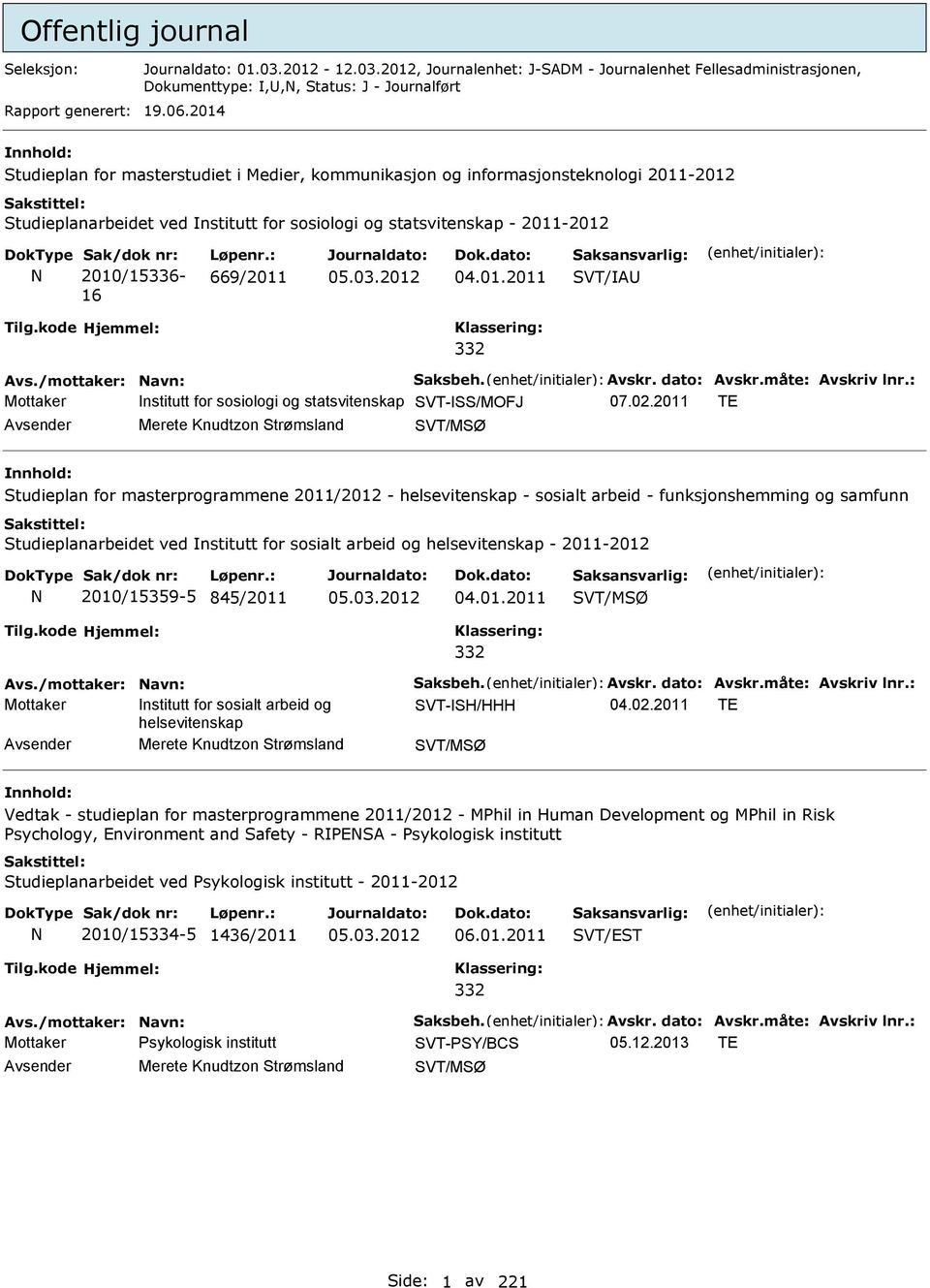 Løpenr.: 669/2011 04.01.2011 SVT/IA 332 Mottaker Institutt for sosiologi og statsvitenskap SVT-ISS/MOFJ 07.02.