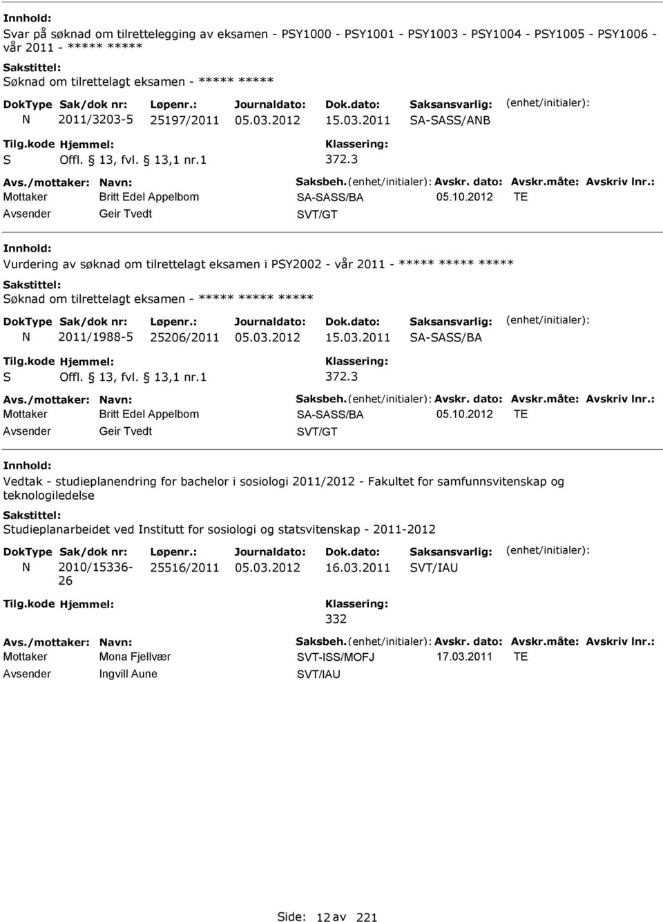 2012 TE Geir Tvedt SVT/GT Vurdering av søknad om tilrettelagt eksamen i PSY2002 - vår 2011 - ***** ***** ***** Søknad om tilrettelagt eksamen - ***** ***** ***** 2011/1988-5 25206/2011 15.03.