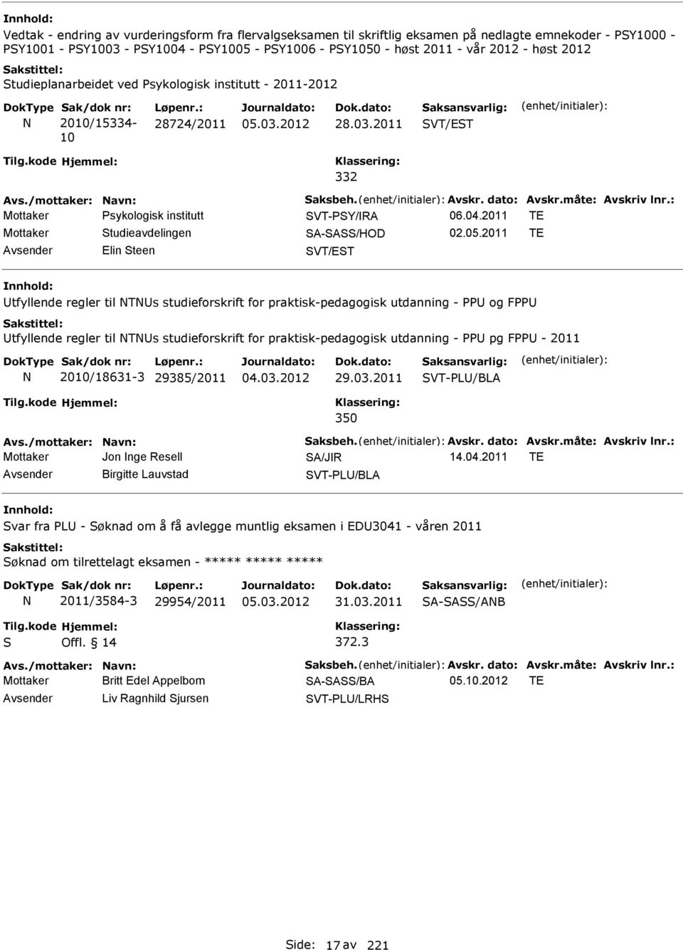 2011 TE Mottaker Studieavdelingen SA-SASS/HOD 02.05.