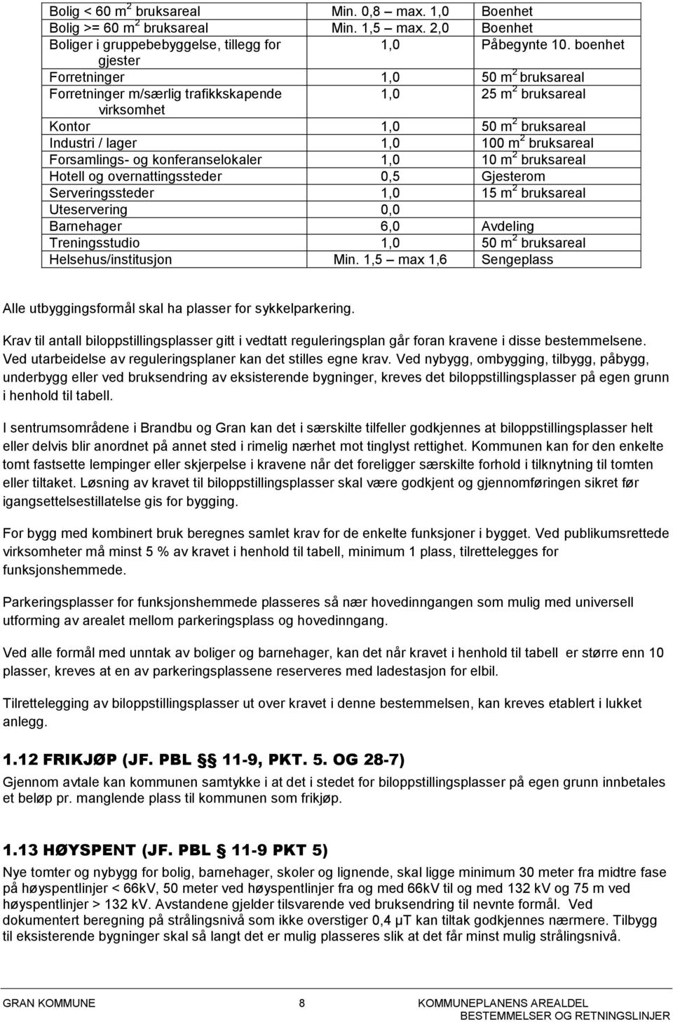 Forsamlings- og konferanselokaler 1,0 10 m 2 bruksareal Hotell og overnattingssteder 0,5 Gjesterom Serveringssteder 1,0 15 m 2 bruksareal Uteservering 0,0 Barnehager 6,0 Avdeling Treningsstudio 1,0