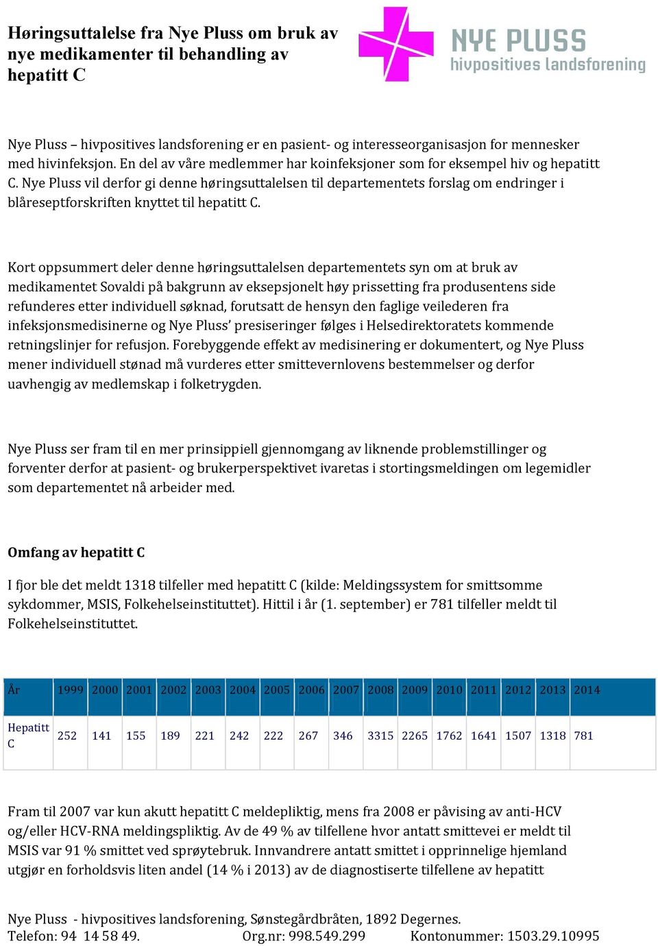 Nye Pluss vil derfor gi denne høringsuttalelsen til departementets forslag om endringer i blåreseptforskriften knyttet til hepatitt C.