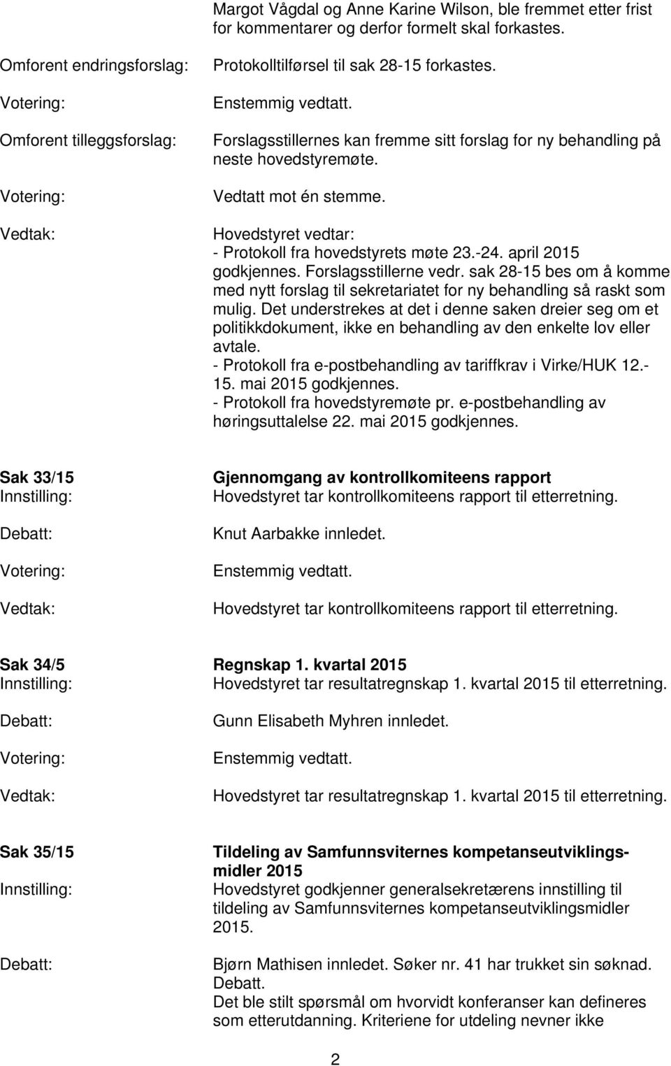 Vedtatt mot én stemme. Hovedstyret vedtar: - Protokoll fra hovedstyrets møte 23.-24. april 2015 godkjennes. Forslagsstillerne vedr.