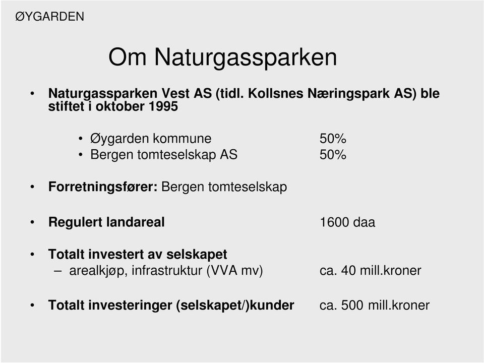 tomteselskap AS 50% Forretningsfører: Bergen tomteselskap Regulert landareal 1600 daa