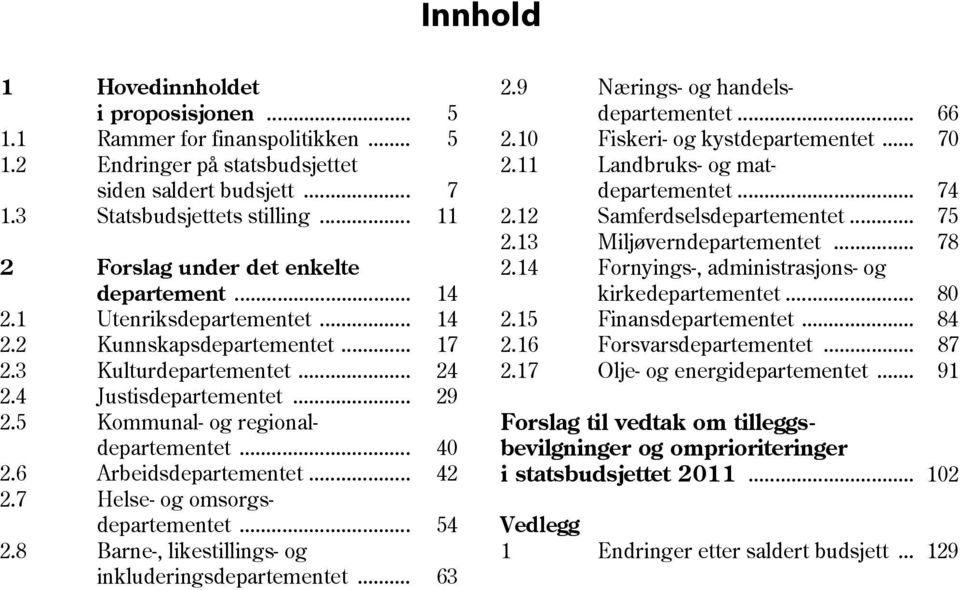 5 Kommunal- og regional- departementet... 40 2.6 Arbeidsdepartementet... 42 2.7 Helse- og omsorgs- departementet... 54 2.8 Barne-, likestillings- og inkluderingsdepartementet... 63 2.