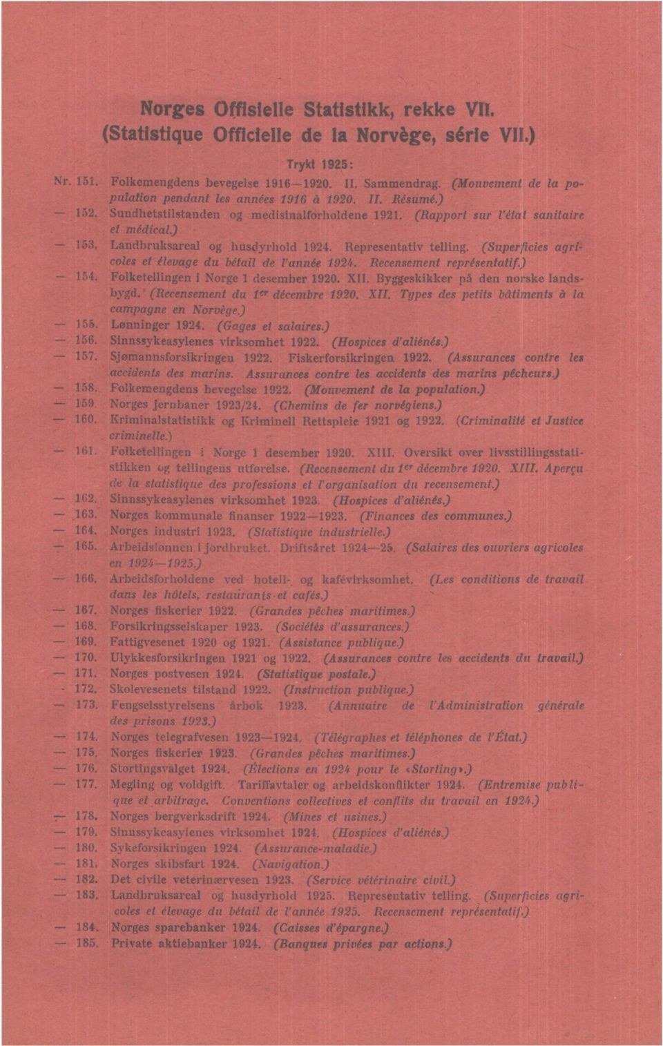 Landbruksareal og husdyrhold 1924. Representativ telling. (Superficies agricoles et élevage du bétail de l'année 1924.. Recensement représentatif.) 152. 154. Folketellingen i Norge 1 desember 1920.