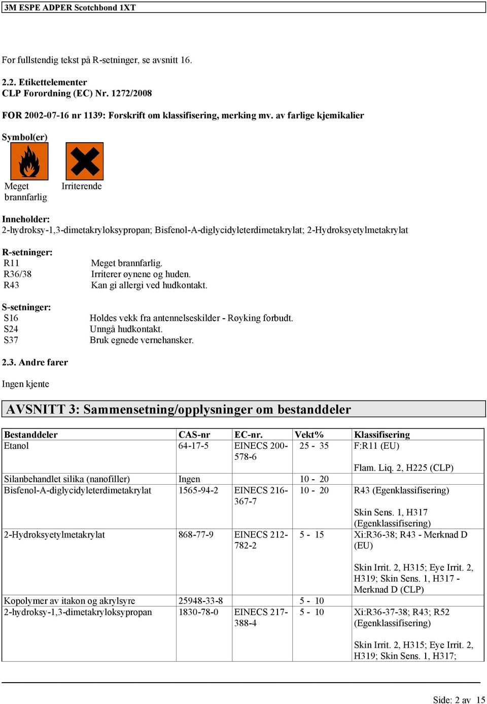 brannfarlig. R36/38 Irriterer øynene og huden. R43 Kan gi allergi ved hudkontakt. S-setninger: S16 S24 S37 Holdes vekk fra antennelseskilder - Røyking forbudt. Unngå hudkontakt.