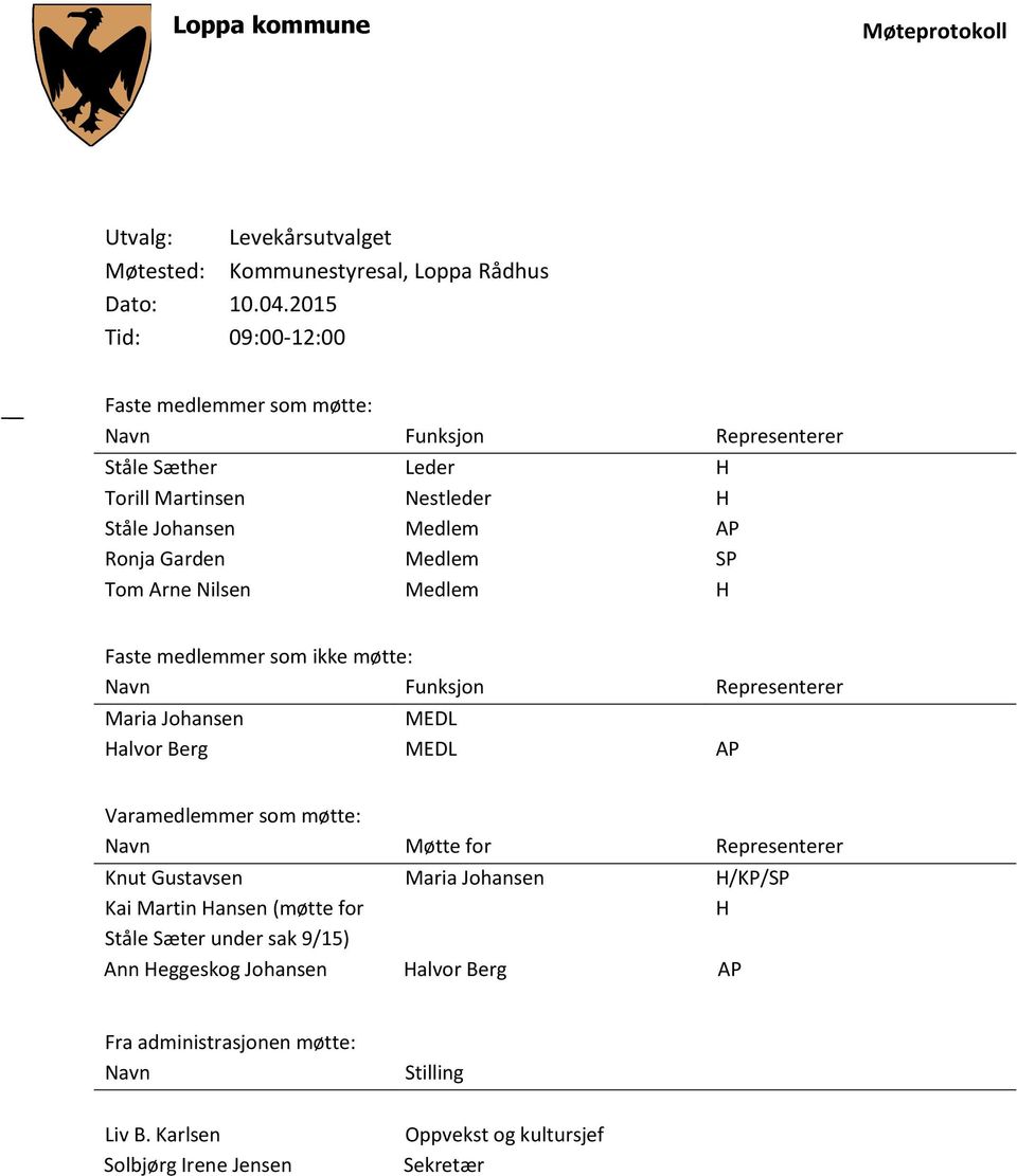 Tom Arne Nilsen Medlem H Faste medlemmer som ikke møtte: Navn Funksjon Representerer Maria Johansen MEDL Halvor Berg MEDL AP Varamedlemmer som møtte: Navn Møtte for