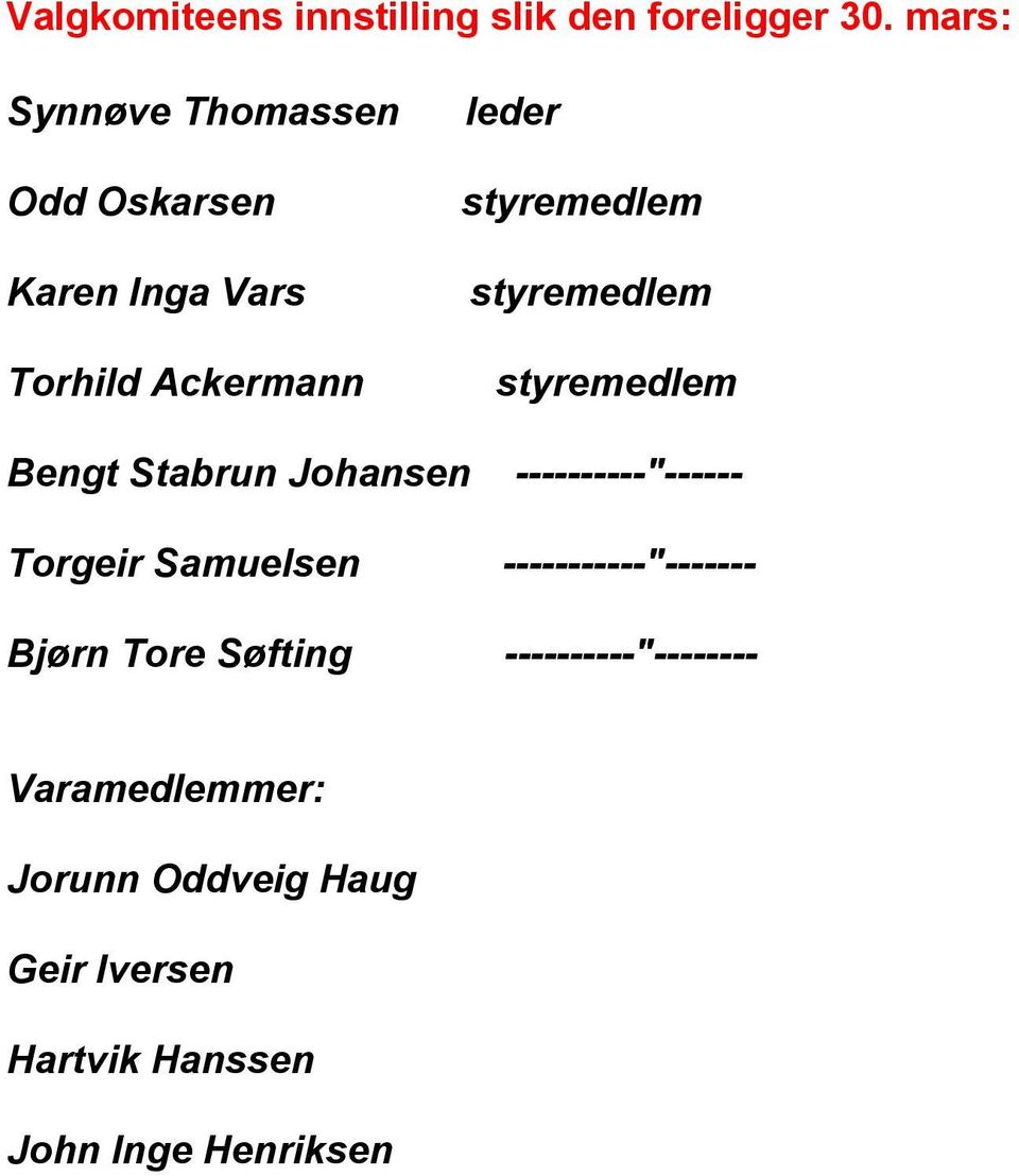 styremedlem styremedlem Bengt Stabrun Johansen ----------"------ Torgeir Samuelsen