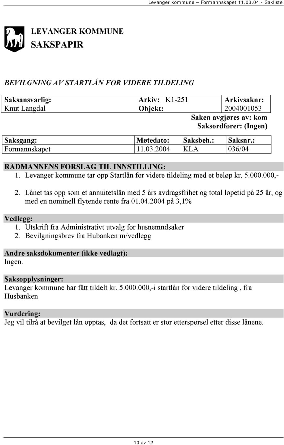 Lånet tas opp som et annuitetslån med 5 års avdragsfrihet og total løpetid på 25 år, og med en nominell flytende rente fra 01.04.2004 på 3,1% Vedlegg: 1.