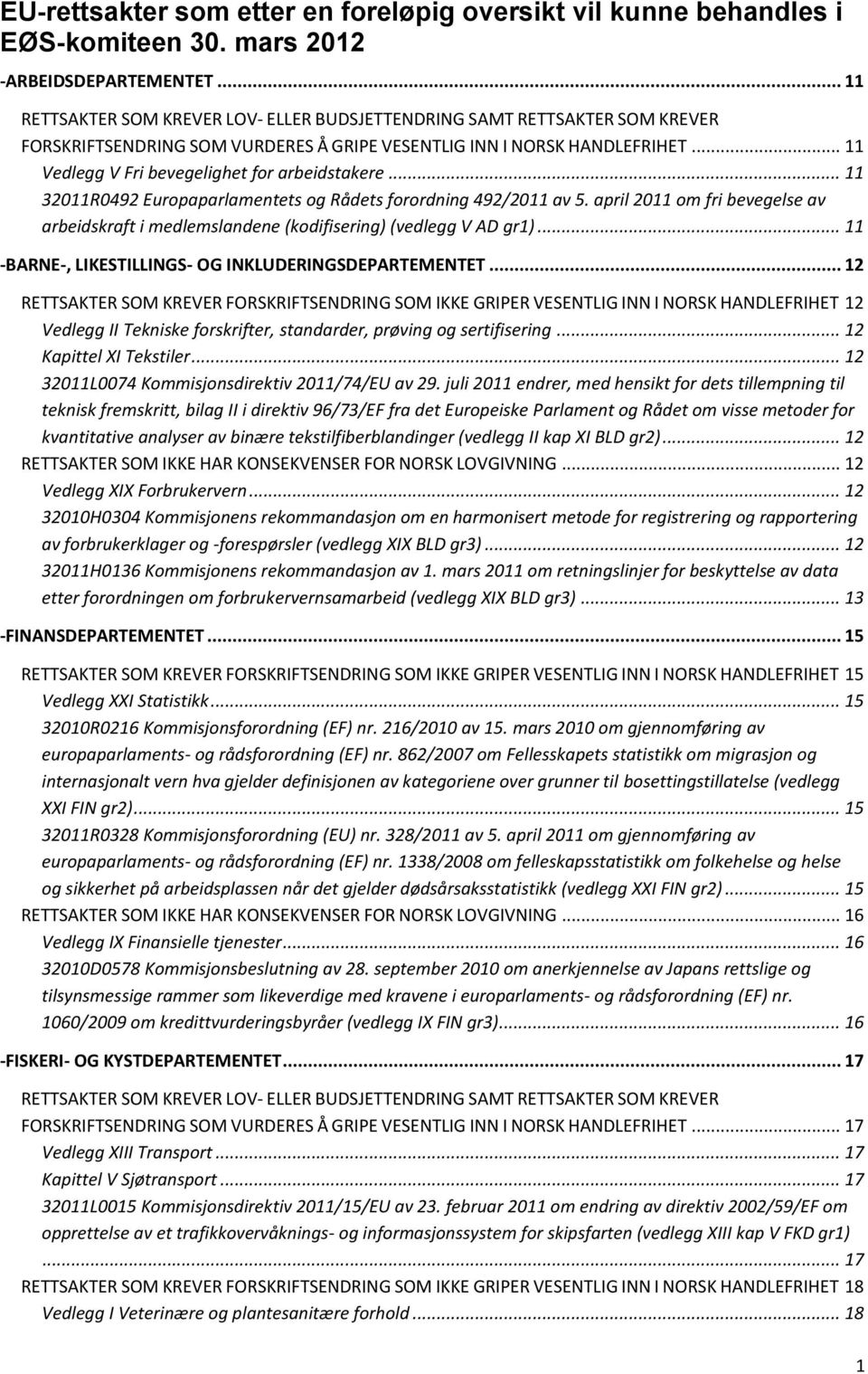 .. 11 Vedlegg V Fri bevegelighet for arbeidstakere... 11 32011R0492 Europaparlamentets og Rådets forordning 492/2011 av 5.