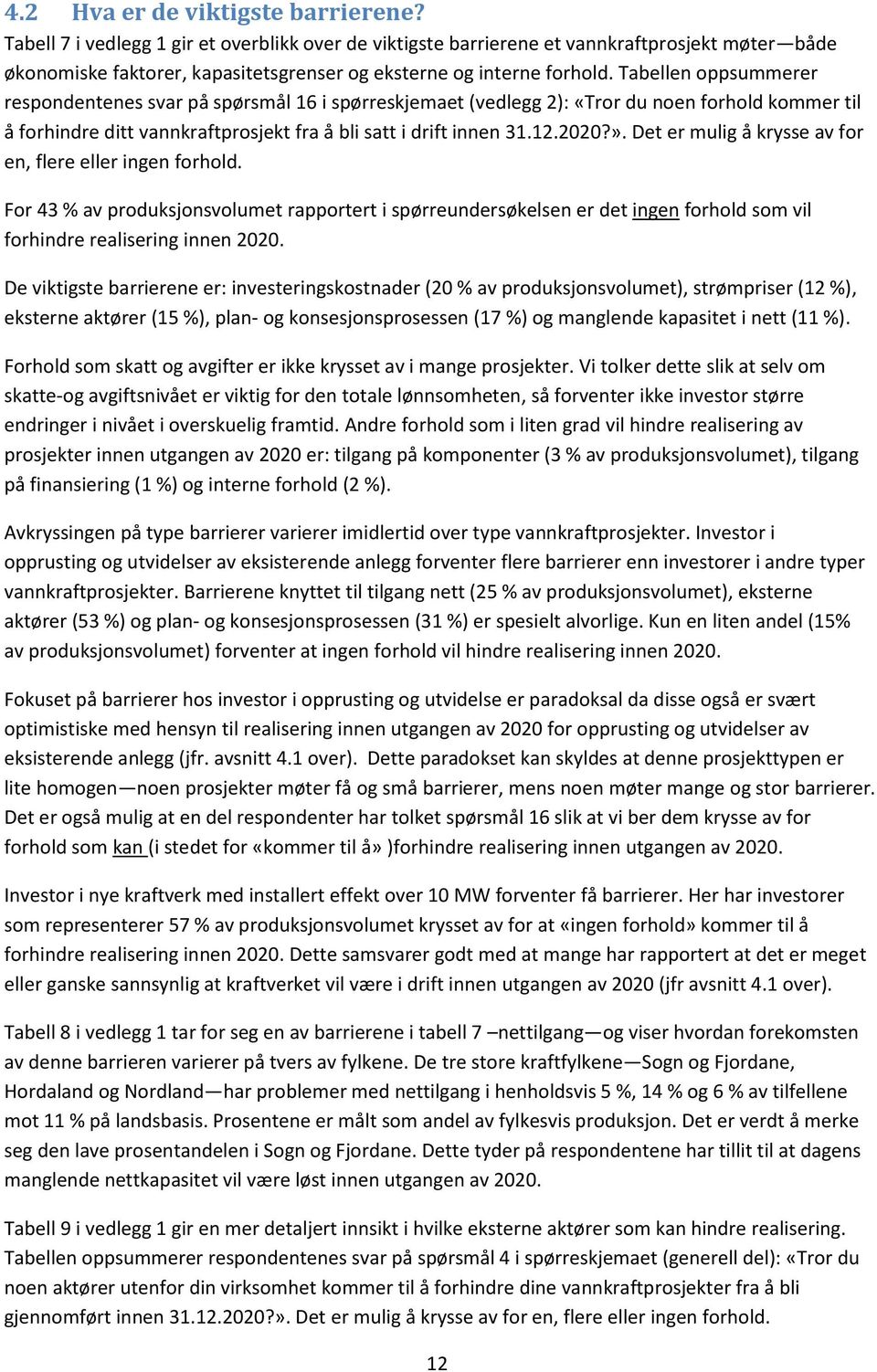 Tabellen oppsummerer respondentenes svar på spørsmål 16 i spørreskjemaet (vedlegg 2): «Tror du noen forhold kommer til å forhindre ditt vannkraftprosjekt fra å bli satt i drift innen 31.12.2020?».