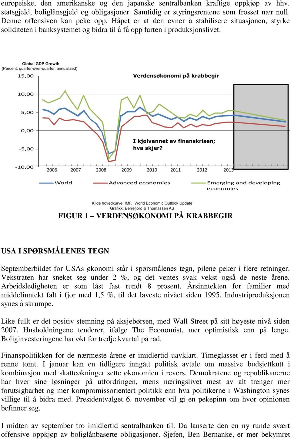 FIGUR 1 VERDENSØKONOMI PÅ KRABBEGIR USA I SPØRSMÅLENES TEGN Septemberbildet for USAs økonomi står i spørsmålenes tegn, pilene peker i flere retninger.