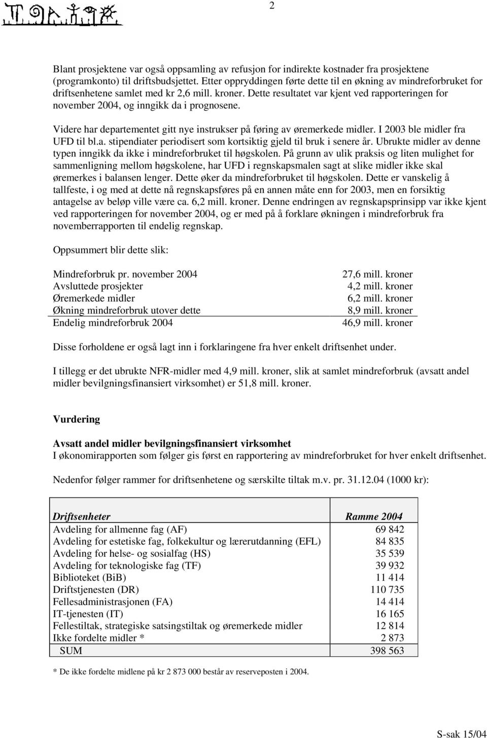 Dette resultatet var kjent ved rapporteringen for november 2004, og inngikk da i prognosene. Videre har departementet gitt nye instrukser på føring av øremerkede midler.