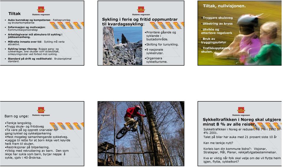 Standard på drift og vedlikehald: Brukaroptimal standard. Sykling i ferie og fritid oppmuntrar til kvardagssykling: Prioritere gåande og syklande i bustadområde. Skilting for tursykling.