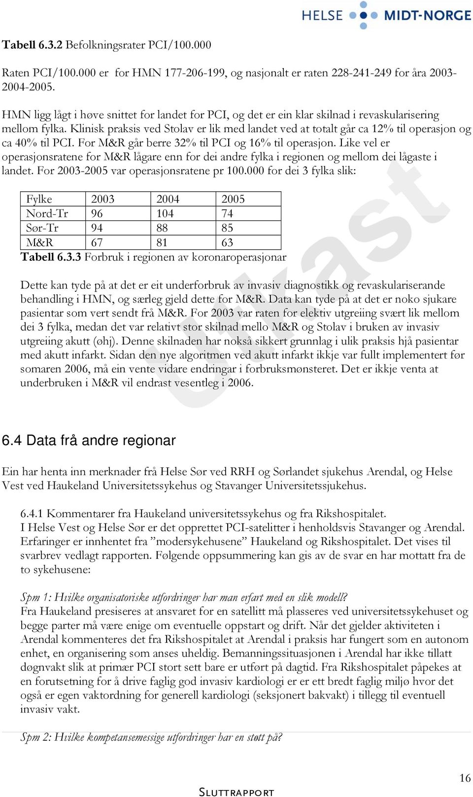 Klinisk praksis ved Stolav er lik med landet ved at totalt går ca 12% til operasjon og ca 40% til PCI. For M&R går berre 32% til PCI og 16% til operasjon.