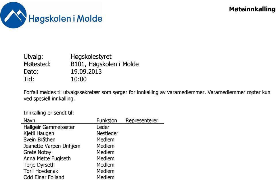 Varamedlemmer møter kun ved spesiell innkalling.