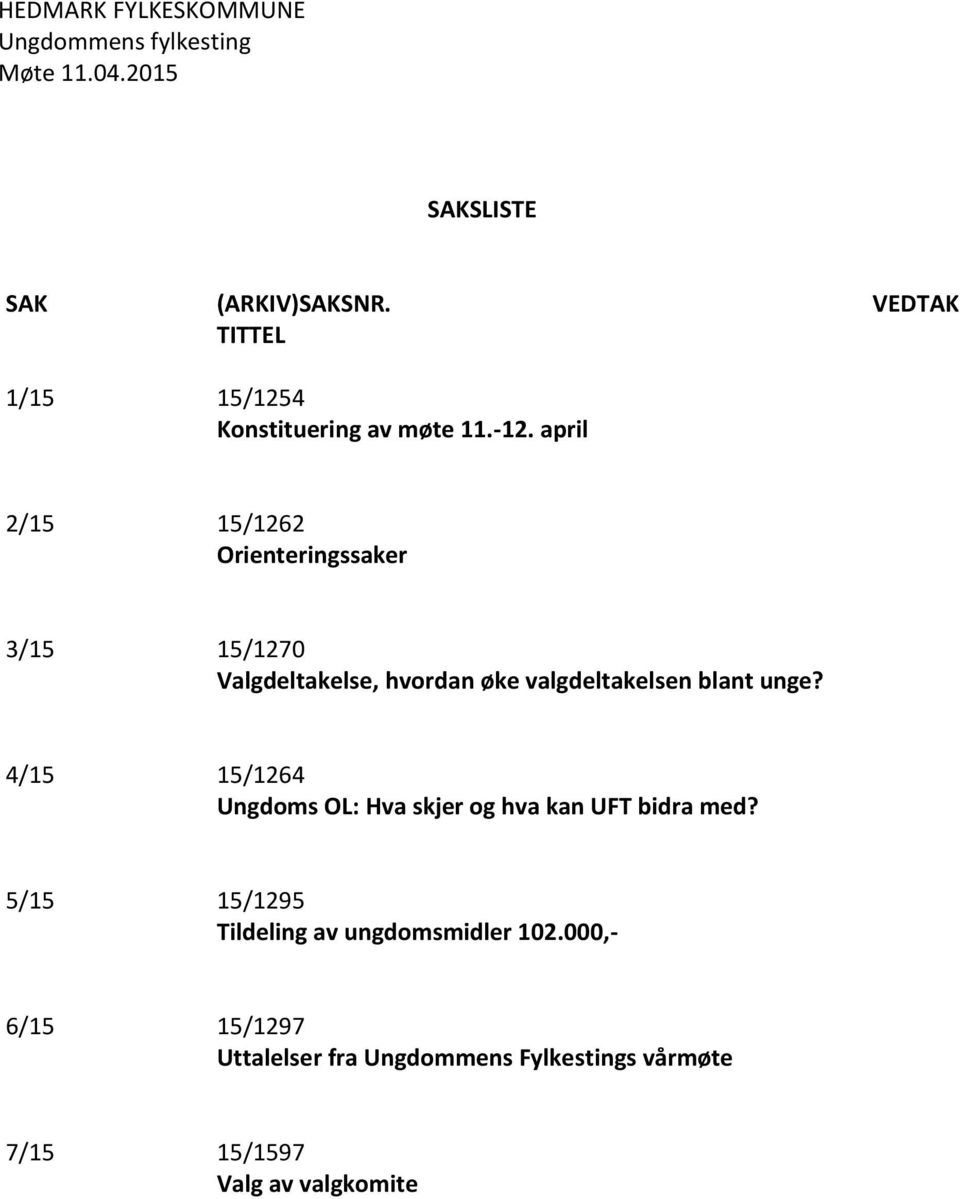 april 2/15 15/1262 Orienteringssaker 3/15 15/1270 Valgdeltakelse, hvordan øke valgdeltakelsen blant unge?