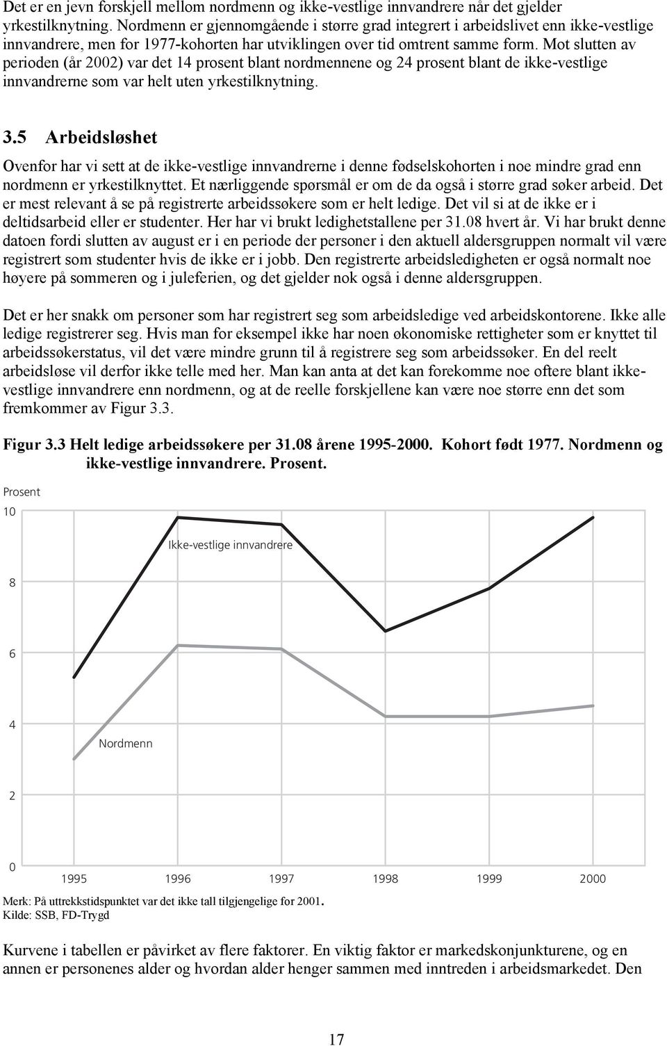 Mot slutten av perioden (år 2002) var det 14 prosent blant nordmennene og 24 prosent blant de ikke-vestlige innvandrerne som var helt uten yrkestilknytning. 3.