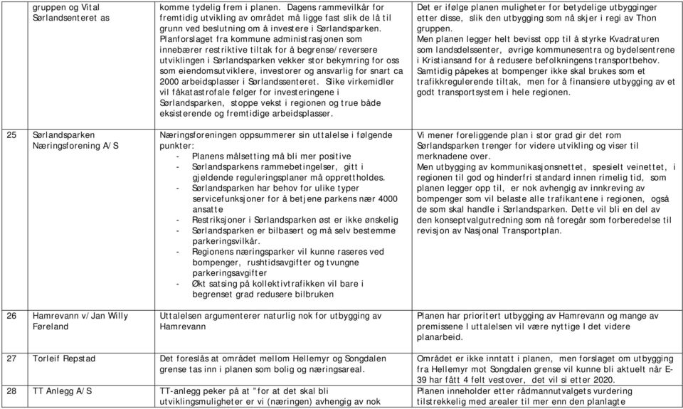 Planforslaget fra kommune administrasjonen som innebærer restriktive tiltak for å begrense/reversere utviklingen i Sørlandsparken vekker stor bekymring for oss som eiendomsutviklere, investorer og