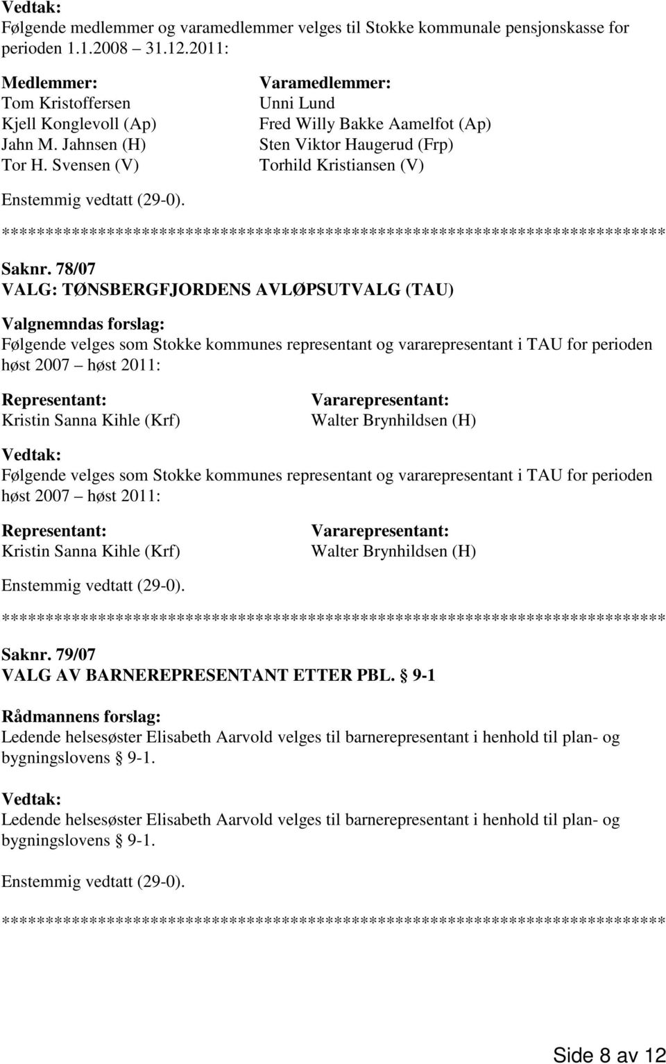 78/07 VALG: TØNSBERGFJORDENS AVLØPSUTVALG (TAU) Valgnemndas forslag: Følgende velges som Stokke kommunes representant og vararepresentant i TAU for perioden høst 2007 høst 2011: Representant: Kristin