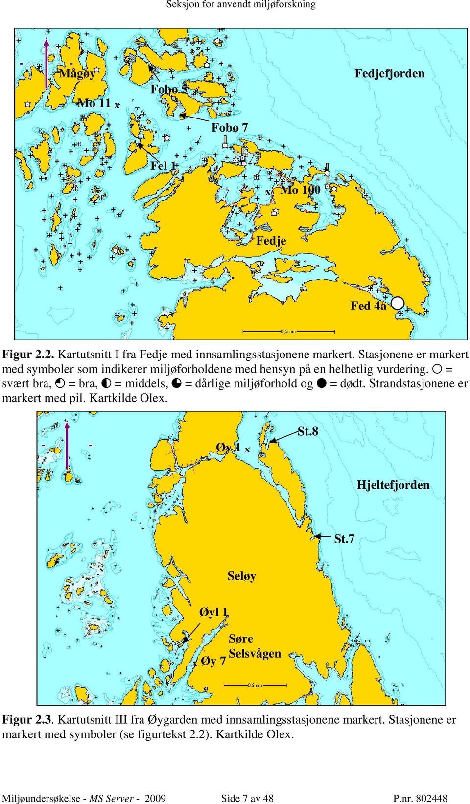 = svært bra, = bra, = middels, = dårlige miljøforhold og = dødt. Strandstasjonene er markert med pil. Kartkilde Olex. Øy 1 x St.8 Hjeltefjorden St.