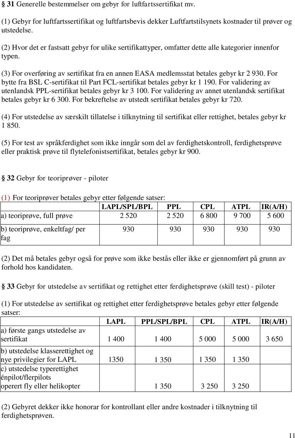 For bytte fra BSL C-sertifikat til Part FCL-sertifikat betales gebyr kr 1 190. For validering av utenlandsk PPL-sertifikat betales gebyr kr 3 100.