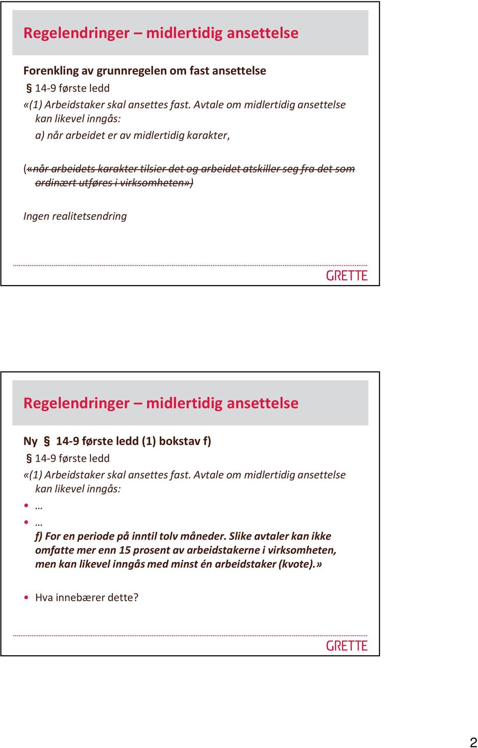 i virksomheten») Ingen realitetsendring Regelendringer midlertidig ansettelse Ny 14-9 første ledd (1) bokstav f) 14-9 første ledd «(1) Arbeidstaker skal ansettes fast.