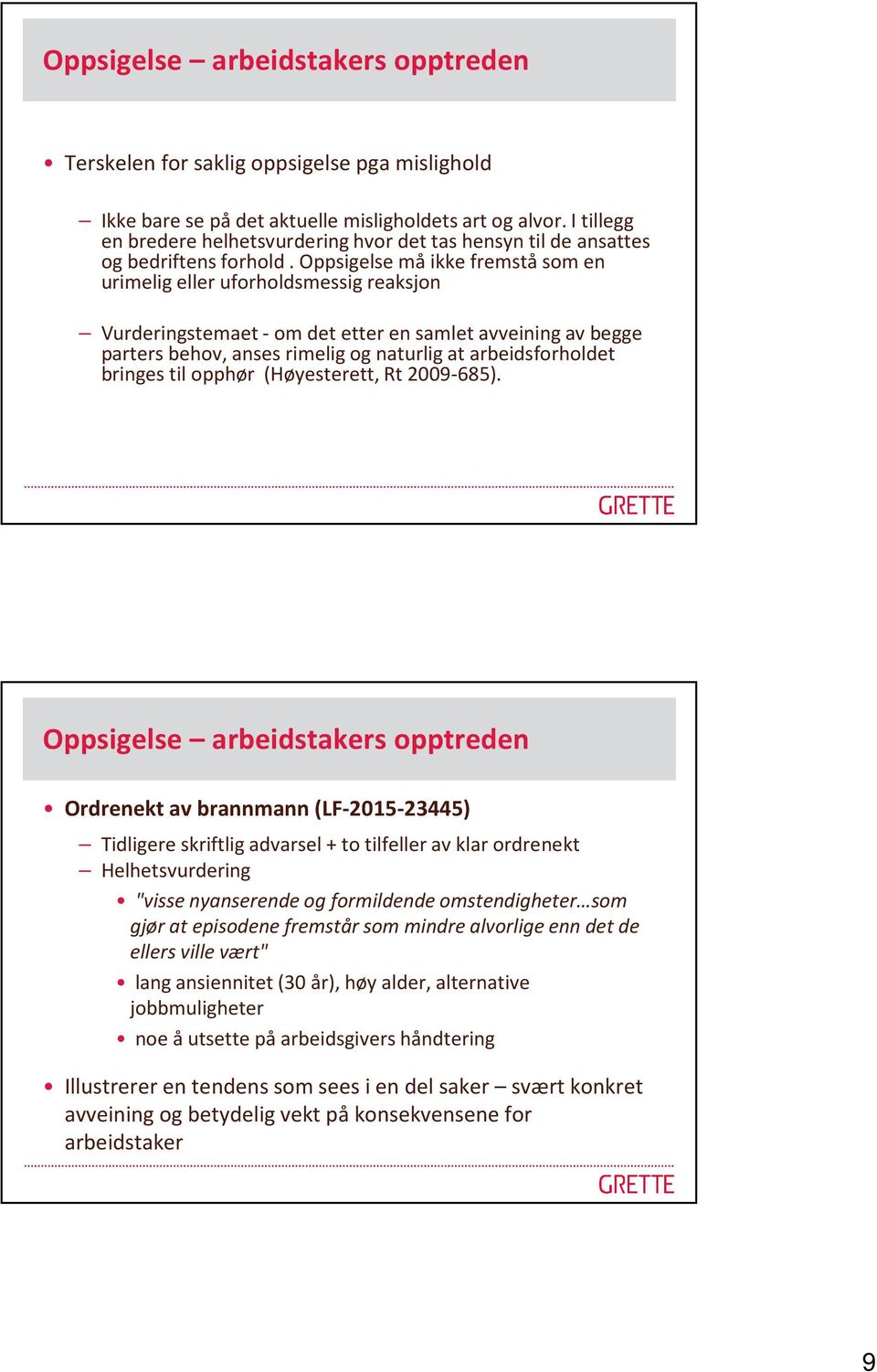 Oppsigelse må ikke fremstå som en urimelig eller uforholdsmessig reaksjon Vurderingstemaet -om det etter en samlet avveining av begge parters behov, anses rimelig og naturlig at arbeidsforholdet