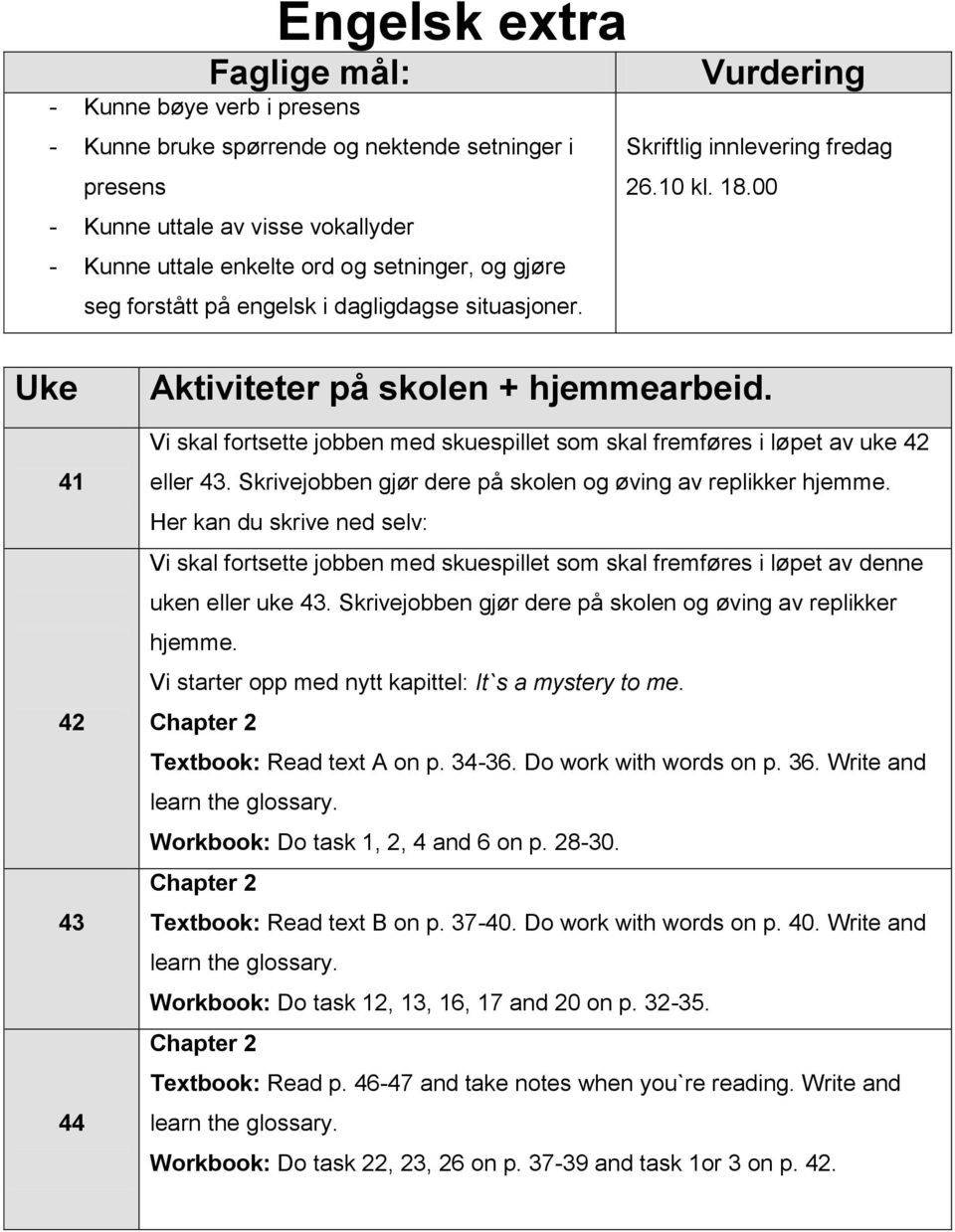 Vi skal fortsette jobben med skuespillet som skal fremføres i løpet av uke 42 eller 43. Skrivejobben gjør dere på skolen og øving av replikker hjemme.