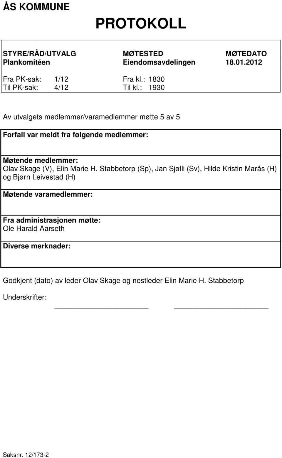 : 1930 Av utvalgets medlemmer/varamedlemmer møtte 5 av 5 Forfall var meldt fra følgende medlemmer: Møtende medlemmer: Olav Skage (V), Elin Marie