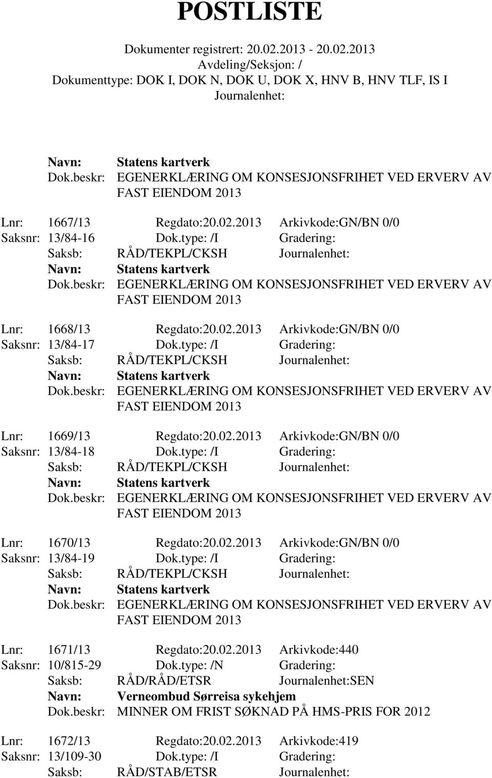 type: /I Gradering: Lnr: 1671/13 Regdato:20.02.2013 Arkivkode:440 Saksnr: 10/815-29 Dok.