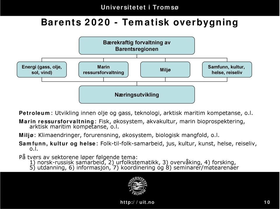 l. Miljø: Klimaendringer, forurensning, økosystem, biologisk mangfold, o.l. Samfunn, kultur og helse: Folk-til-folk-samarbeid, jus, kultur, kunst, helse, reiseliv, o.l. På tvers av