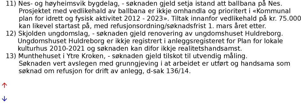 000 kan likevel startast på, med refusjonsordning/søknadsfrist 1. mars året etter. 12) Skjolden ungdomslag, - søknaden gjeld renovering av ungdomshuset Huldreborg.